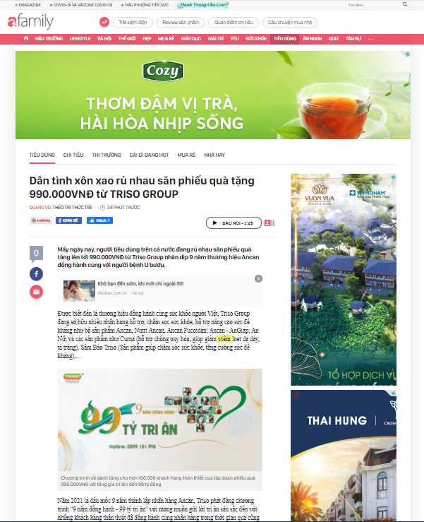 Báo Afamily: Dân tình xôn xao rủ nhau săn phiếu quà tặng 990.000VNĐ từ TRISO GROUP