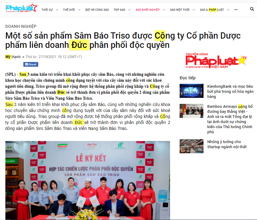 Báo Sao Pháp Luật Đưa Tin: Một số sản phẩm Sâm Báo Triso được Công ty Cổ phần Dược phẩm liên doanh Đức phân phối độc quyền